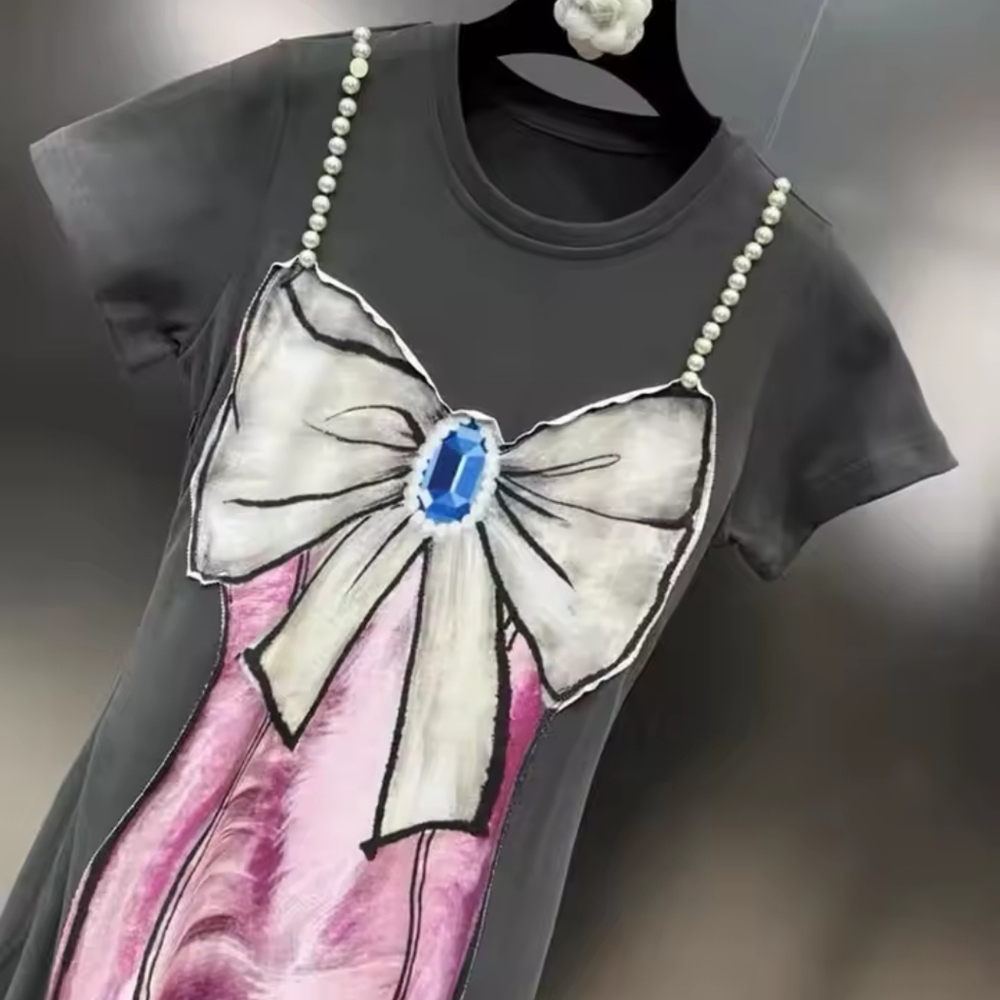 Women's Pearl Bows Print Split Dress Trendy Round Neck Short Sleeves - Picture 6 of 7